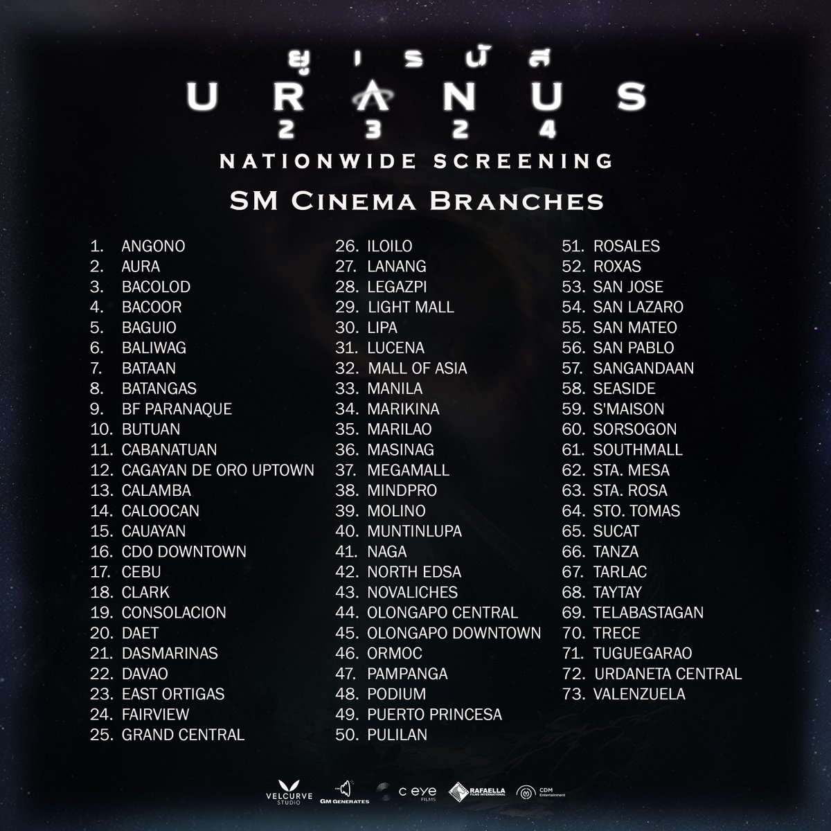 📣 FreenBecky fans!

Here's the list of participating SM Cinemas for the nationwide screening of #Uranus2324 🎬

Please stay tuned for the ticket selling date and time.

See you again soon!

#Uranus2324_PH_Screening 
#FreenBecky