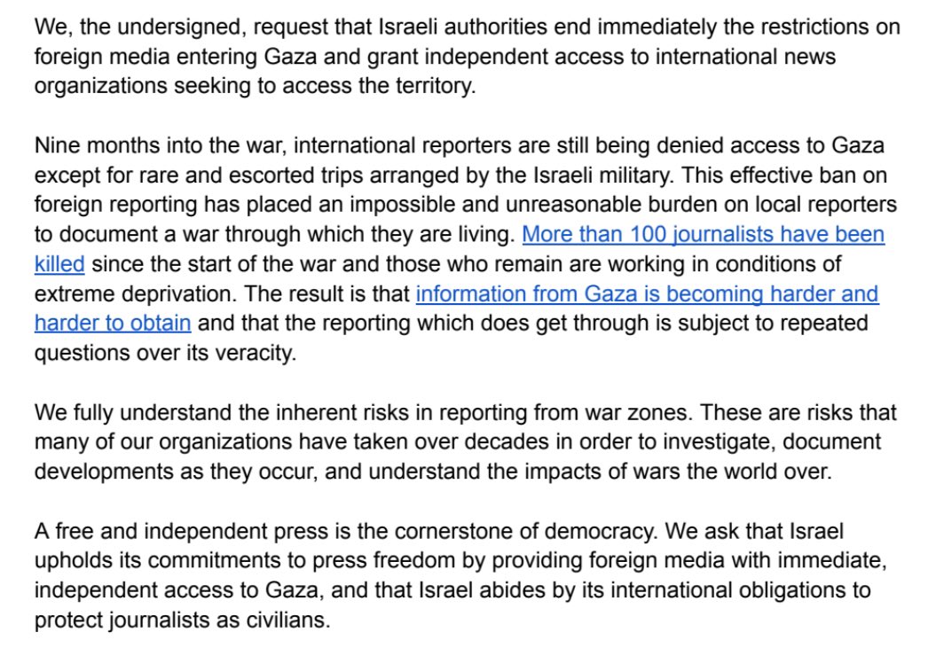 WilliamsJon's tweet photo. Important statement by >60 media &amp; civil society organisations - including @rorypecktrust - coordinated by @pressfreedom, urging #israel to give journalists independent access to #Gaza. Signatories also include @INSInews, @ABC, @BBCNews &amp; @rtenews. #pressfreedom https://t.co/WLJ4h5cmst