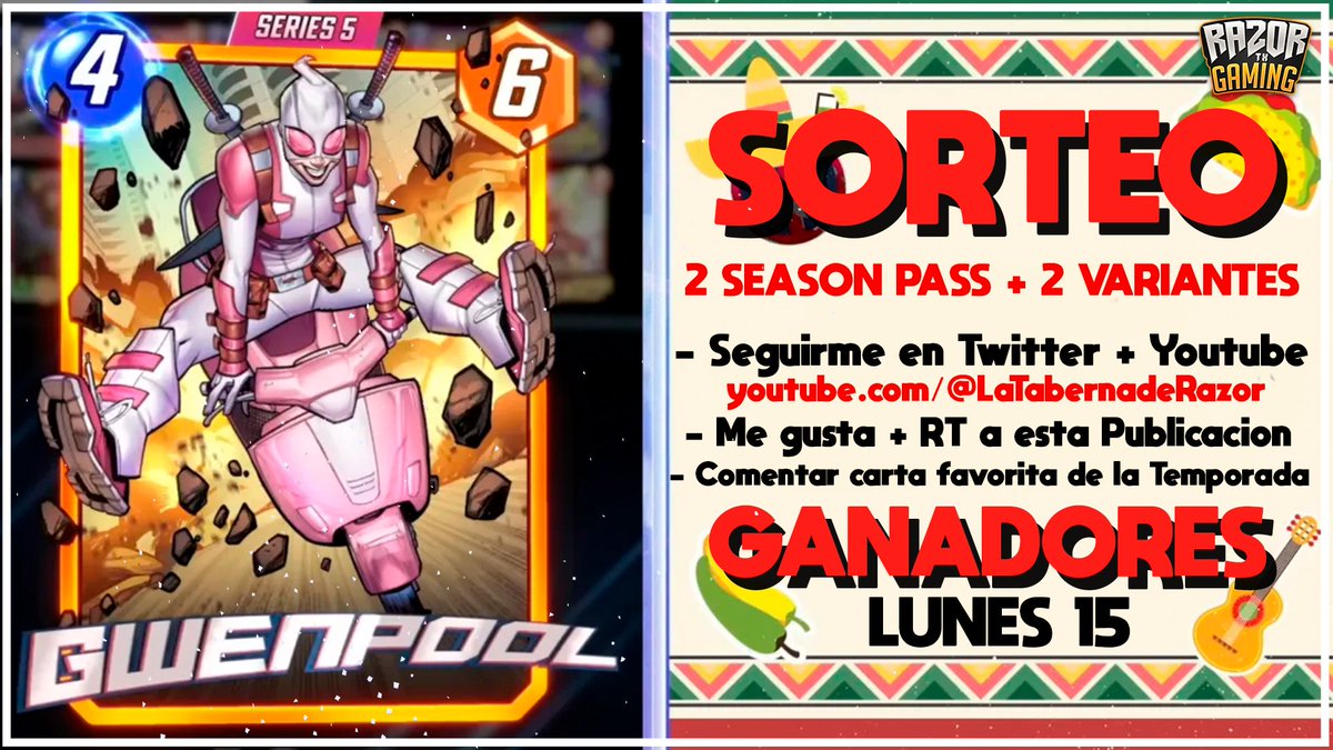 razortxgaming's tweet image. SORTEO cortesía de @MARVELSNAP
2⃣Season Pass "Maximum Effort" (1 Youtube - 1 Twitter) 
2⃣ Variantes Misteriosas (1 Youtube - 1 Twitter)
Para participar:  
🐦Seguirme en Twitter y Youtube 
youtube.com/@LaTabernadeRa…
❤️Me gusta y 🔁RT
🗨️Comenta tu Carta Favorita de la Temporada