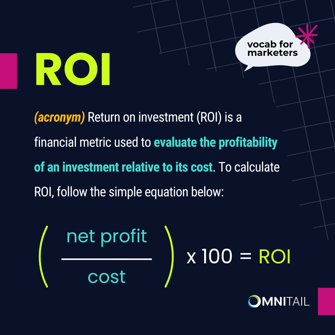 Omnitail_LLC's tweet photo. What is ROI &amp; can it help determine the effectiveness of your campaigns? 📈

Dive into our latest #VocabForMarketers post to find out. 👉 https://t.co/3SfIUY3XkT

#VocabForMarketers #ROI #Advertising #AdCampaigns #Marketing #ECommerce #MarketingAgency #MarketingStrategy https://t.co/iwMIampeBw