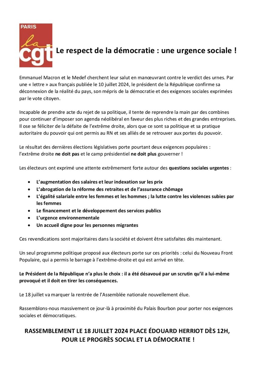 UdCgtParis's tweet photo. Le respect de la démocratie est une urgence sociale !
La CGT Paris se joint à l'appel de la @cgtcheminots à se rassembler à côté de l'Assemblée nationale le 18 juillet. https://t.co/fznKtduHHb