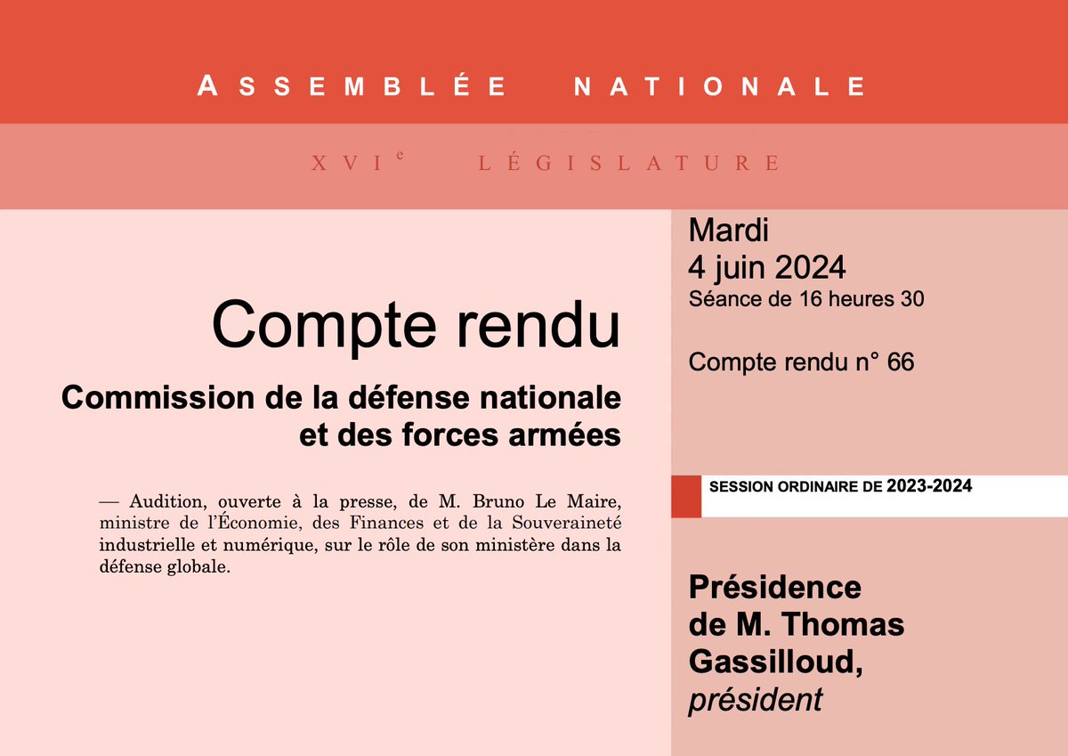 📙 Le compte-rendu de l'audition de <a href="/BrunoLeMaire/">Bruno Le Maire</a>, ministre de l'#Économie, des Finances et de la #Souveraineté industrielle et #numérique, sur le rôle de son ministère dans la #défense globale, est en ligne 👉 assnat.fr/plbQGA.
#DirectAN