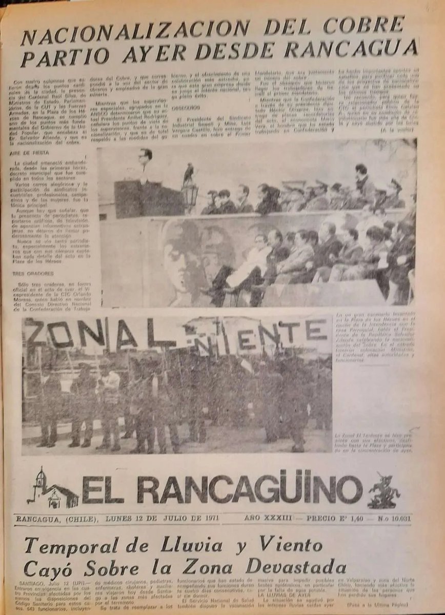 “Hoy es el día de la dignidad Nacional y de la solidaridad. Dignidad porque se rompe con el pasado y se inicia el camino de la verdadera independencia económica que significa plena independencia política…” Salvador Allende en Día de la Nacionalización del Cobre en #Rancagua 53