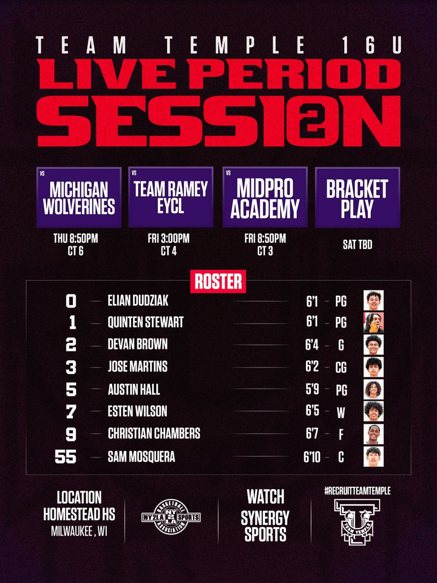 TempleLifeHoops's tweet photo. NY2LA “Summer Jam” Live Period 2️⃣
Milwaukee, WI📍
SCHEDULES & ROSTERS 📈
College coaches make plans to attend & DM us!📩
Watch our games in the NY2LA Summer Jam on @SynergySST
#RecruitTeamTemple #TempleWayOrNoWay https://t.co/bz13i9wPkD