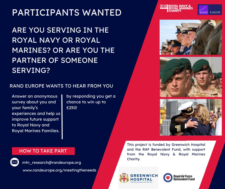 The ‘Meeting the Needs’ research project is now recruiting serving personnel to share their experiences to help support Royal Navy, Royal Marine and RAF serving, ex-serving personnel and their families. bit.ly/467JJzS <a href="/theRMcharity/">RMA - The Royal Marines Charity</a> <a href="/Greenwich_Hosp/">Greenwich Hospital</a> <a href="/RANDEurope/">RAND Europe</a> <a href="/RAFBF/">RAF Benevolent Fund</a>