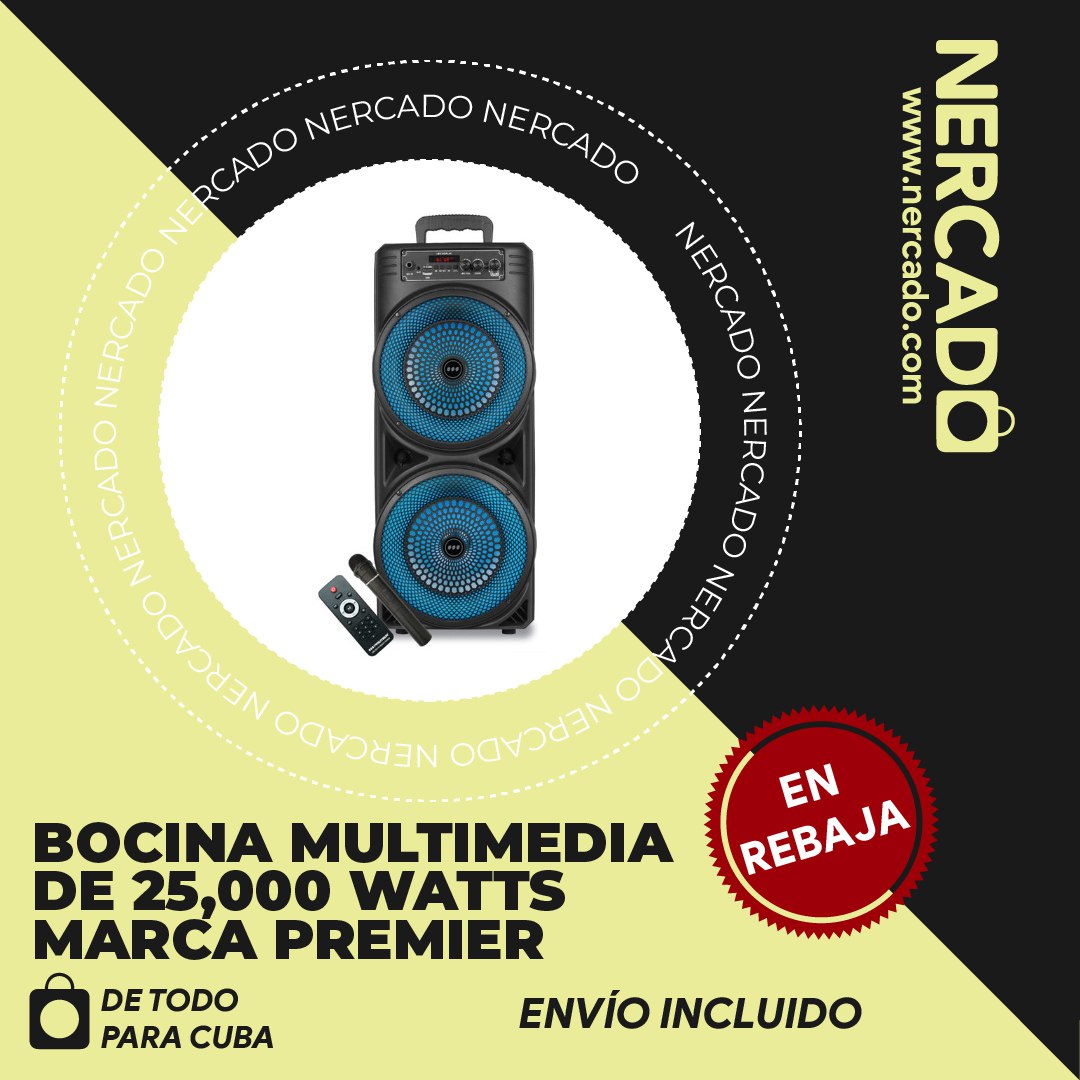 NercadoCuba's tweet photo. Tenemos la Bocina Multimedia de 25,000 Watts Marca Premier en rebaja hasta agotar existencias. ¡Haz que tu familia en Cuba disfrute de la mejor música con esta oferta exclusiva! 🎶✨ 
#Nercado #Cuba #SonidoPremium https://t.co/K39kRt9WXh