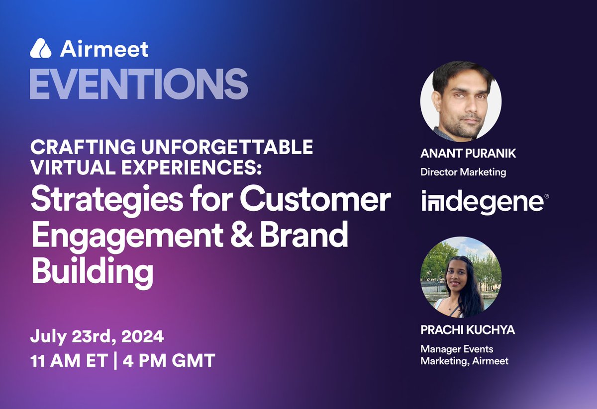 Airmeet's tweet photo. Is your virtual events lacking excitement? 😴 Struggling to keep attendees engaged and make an impact online? Join our Airmeet EVENTIONS to learn how to create unforgettable virtual experiences! Featuring industry expert Anant Puranik. Register now: https://t.co/5OGGnBxutg https://t.co/BVkCZJdnrS