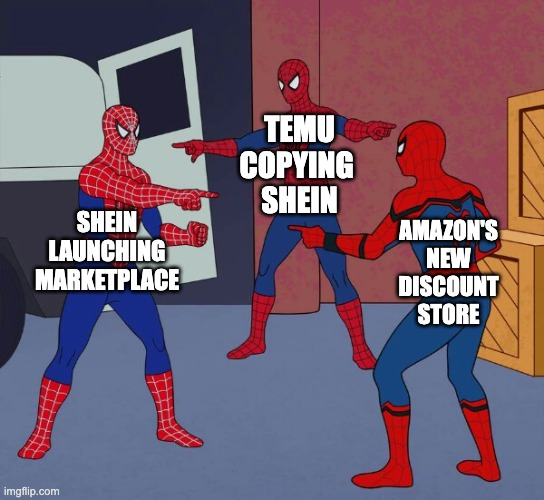DLVermeer's tweet photo. Junkification is ruining shopping online 

• SHEIN launched a marketplace to compete vs. Amazon

• Temu launched even cheaper marketplace vs. SHEIN

• Amazon launching direct-from-manufacturer discount store to compete vs. SHEIN &amp; Temu https://t.co/u1cuLN2hBy