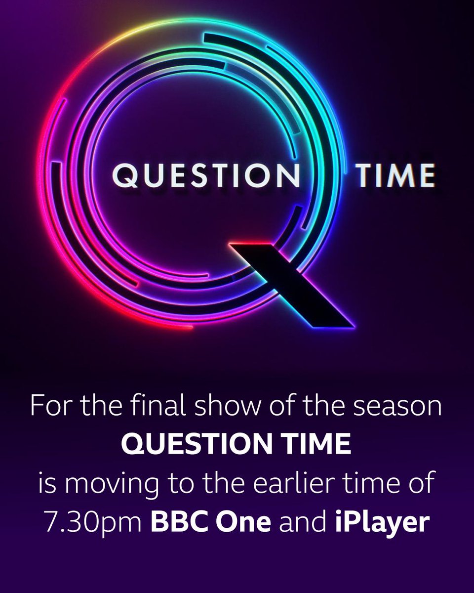 Join us tonight for one final hour of debate before Question Time finishes for the season

This will be broadcast on <a href="/BBCOne/">BBC One</a> and <a href="/BBCiPlayer/">BBC iPlayer</a> at the earlier time of 7.30pm

The show will return in the Autumn

#bbcqt