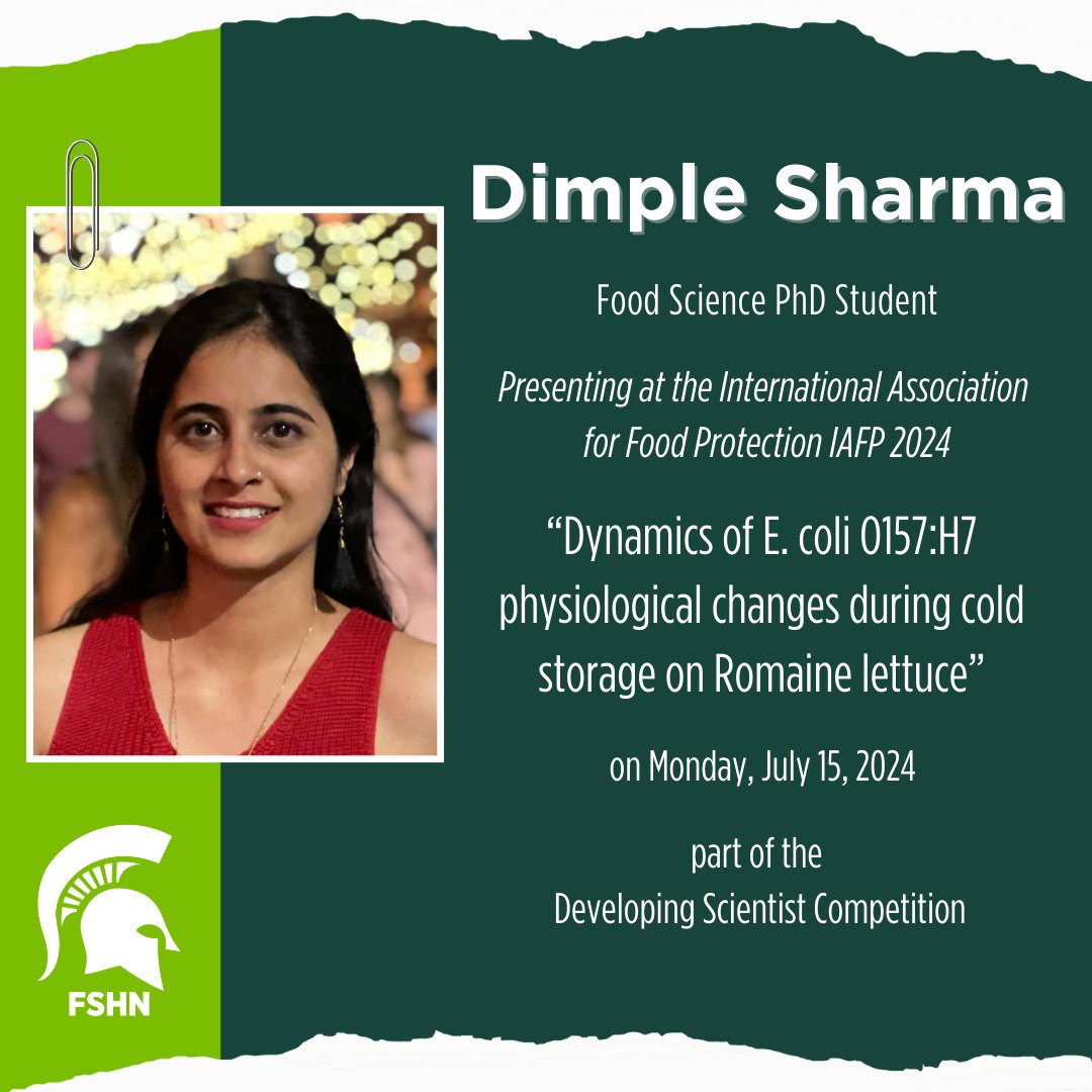 Dimple Sharma is presenting “Dynamics of E. coli O157:H7 physiological changes during cold storage on Romaine lettuce” at the <a href="/IAFPFood/">International Association for Food Protection</a> on July 15, 2024. #FSHN isn't done highlighting faculty and student conference presentations this summer! More to come! #AcademicLife #Research