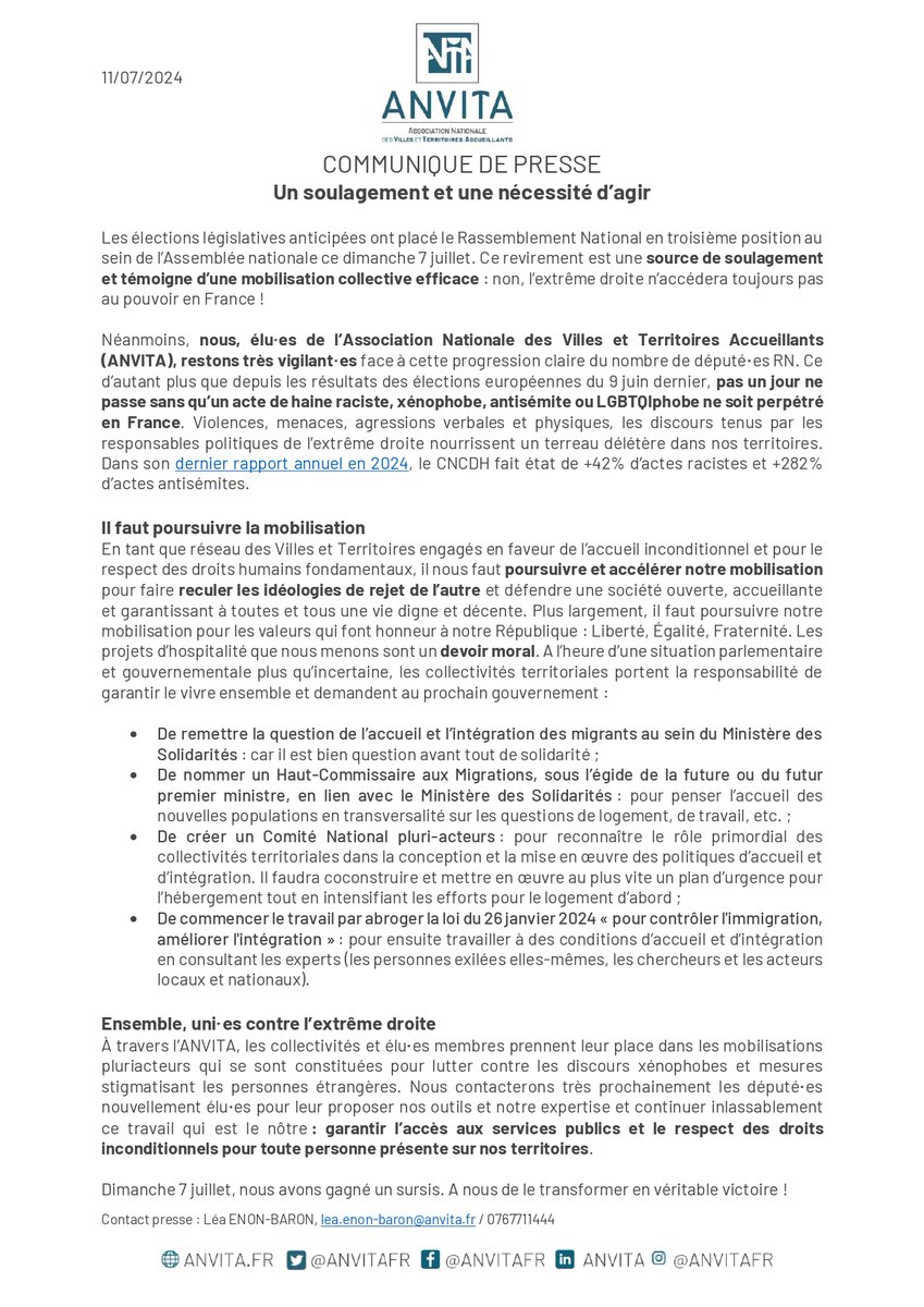 ANVITA - Villes et Territoires Accueillants (@anvitafr) on Twitter photo 📢"Dimanche 7 juillet, nous avons gagné un sursis. A nous de le transformer en véritable victoire !"
Les élu·es de <a href="/AnvitaFr/">ANVITA - Villes et Territoires Accueillants</a> appellent à la poursuite de la mobilisation après les résultats des élections législatives ! 📢"Dimanche 7 juillet, nous avons gagné un sursis. A nous de le transformer en véritable victoire !"
Les élu·es de <a href="/AnvitaFr/">ANVITA - Villes et Territoires Accueillants</a> appellent à la poursuite de la mobilisation après les résultats des élections législatives !