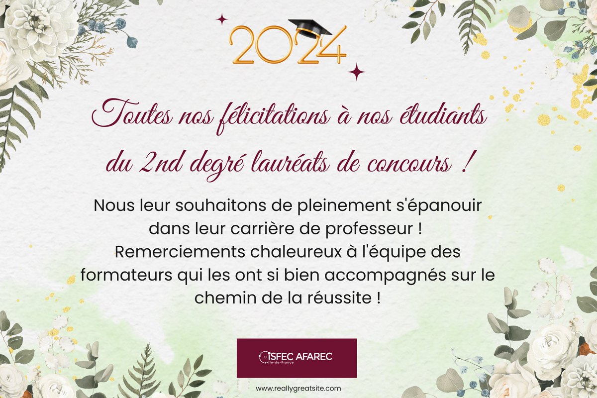 ISFEC_AFAREC's tweet image. Master MEEF 2nd degré | Toutes nos félicitations à nos étudiant(e)s en master cette année à l&apos;@ISFEC_AFAREC  pour la réussite aux concours enseignants
👉 Pour plus d&apos;informations , consulter notre site internet : urlz.fr/kMPi

#concoursenseignant #ISFEC #MasterMEEF