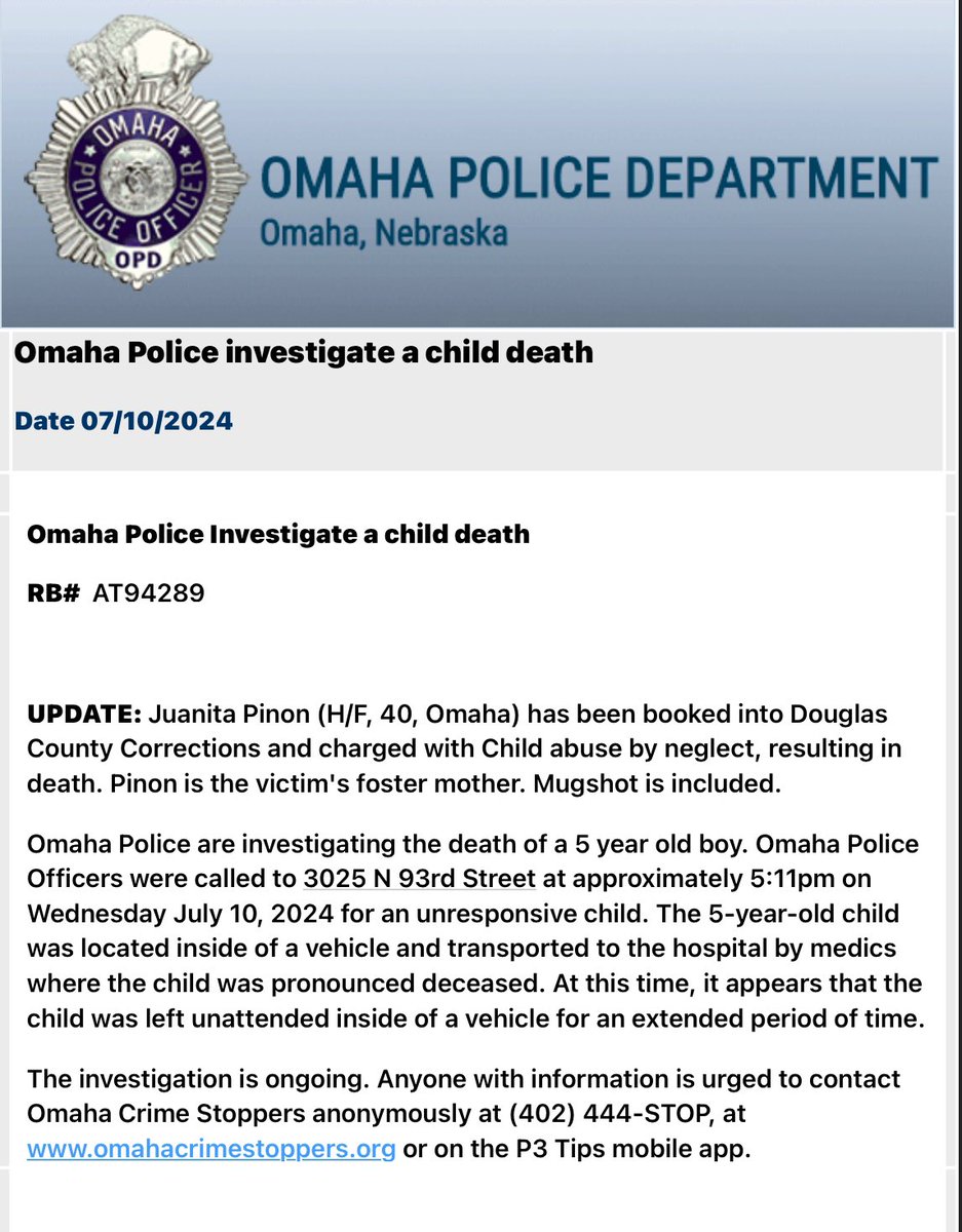 omaha_scanner's tweet image. .@OmahaPolice have announced the arrest of Juanita Pinon for child abuse by neglect, resulting in death. Pinon is the victim's foster mother.