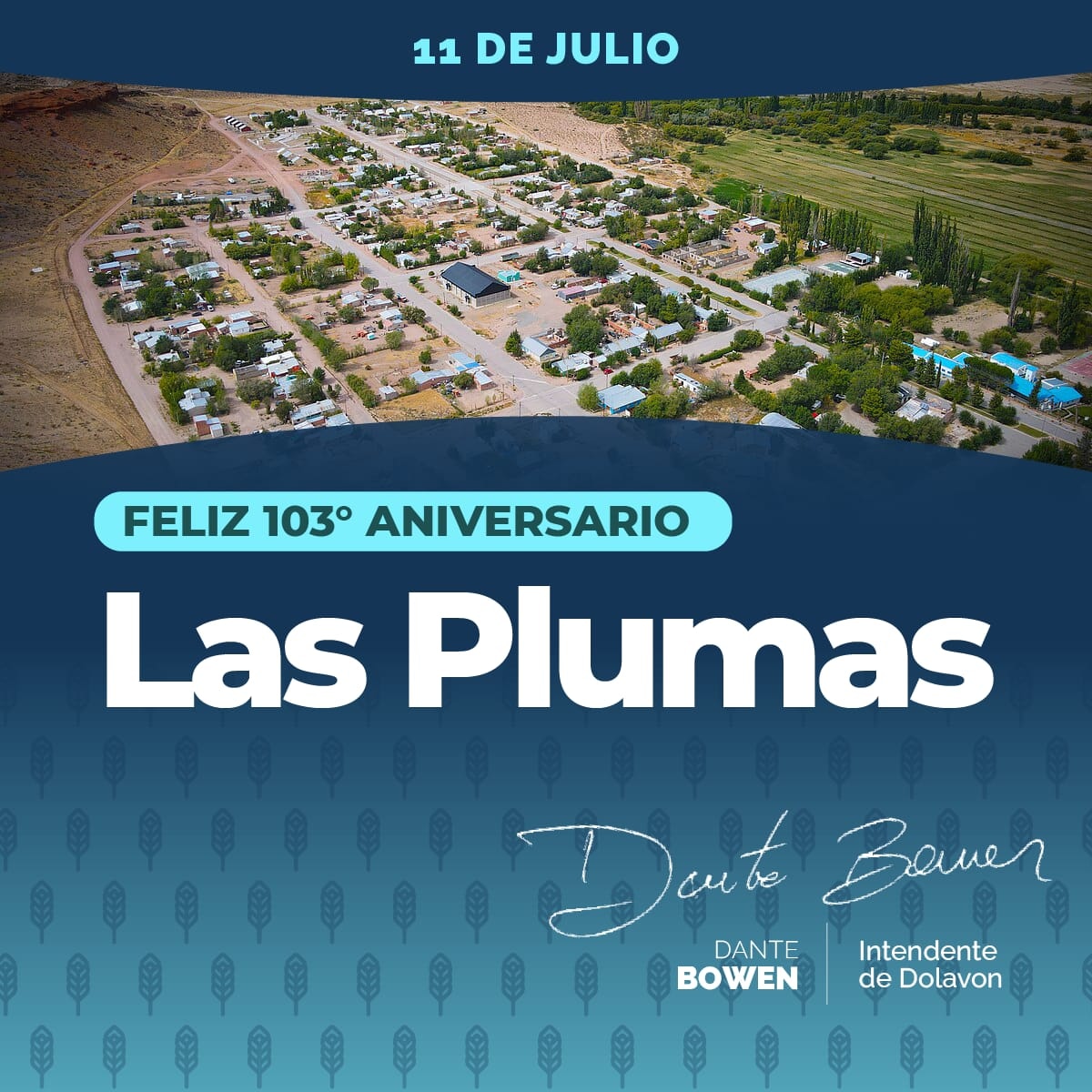 ¡Felíz Aniversario Las Plumas!🎉

Quiero saludar a toda la comunidad de Las Plumas y a su Jefe Comunal, Sergio Bowman, por el gran trabajo que viene llevando a cabo en su comuna.

¡Felicidades Las Plumas!

#Dolavon #Chubut #Patagonia #LasPlumas #Aniversario #Salutación