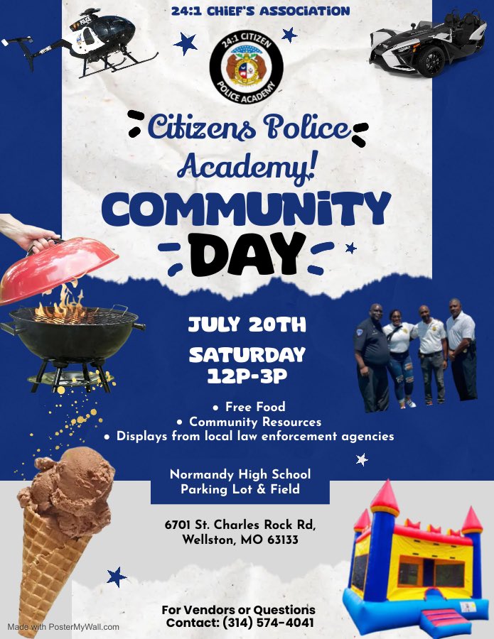 Come out for Community Day!

The event will feature vendors, community resources, free food, car clubs, and more. 

The "Community Day" will take place at Normandy High School, 6701 Saint Charles Rock Rd, on July 20th from 12pm-3pm!