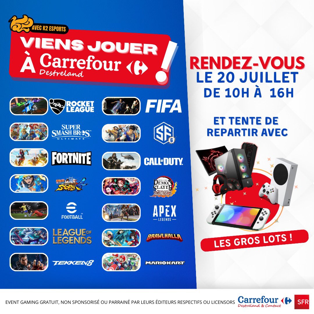 Karukera Esports et Carrefour Destreland vous présentent, « VIENS BATTRE TON GAMER » 3eme édition ! 🏆

🗓 : 20 juillet 2024
⏰ : 10h00 - 16h00
🏢: Centre commerciale Carrefour Destreland en face des caisses

#Competition #gaming #guadeloupe #k2esports