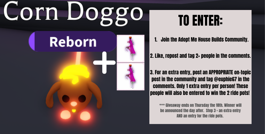 Read the picture for the N Corn Doggo giveaway! The ride pots tied so I will be doing a mix. 

Appropriate posts in the group mean anything to do with AM house design — tips, tricks, questions, showcasing, trading houses, LF houses etc.

Goal: To kick start the AMHS community.