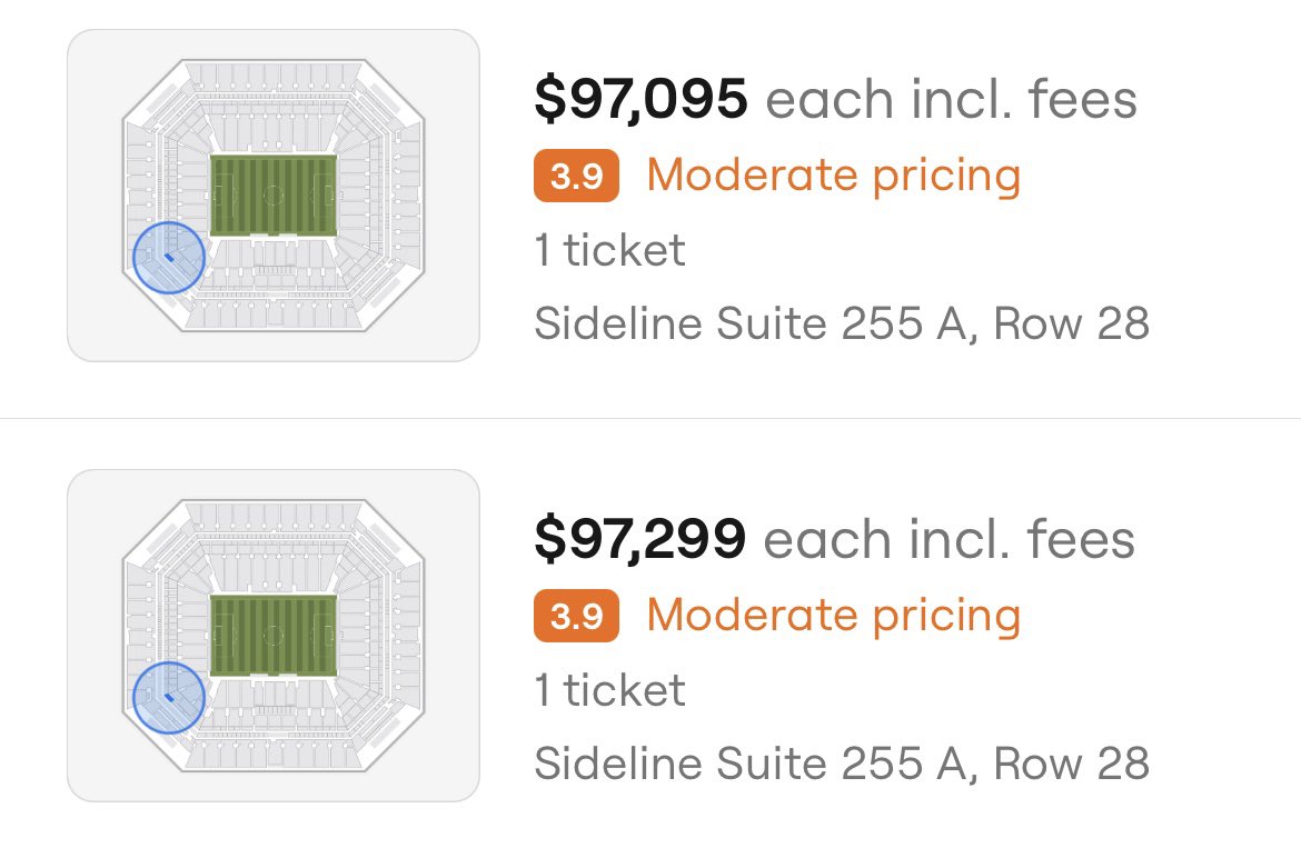 ManagerTactical's tweet photo. The cheapest Copa America Final tickets are $2197, the most expensive are around $5500.

Sideline suites will cost close to $100K 🤯

I can’t imagine how expensive the 2026 World Cup final will be 😔 https://t.co/TGlhxHM92F