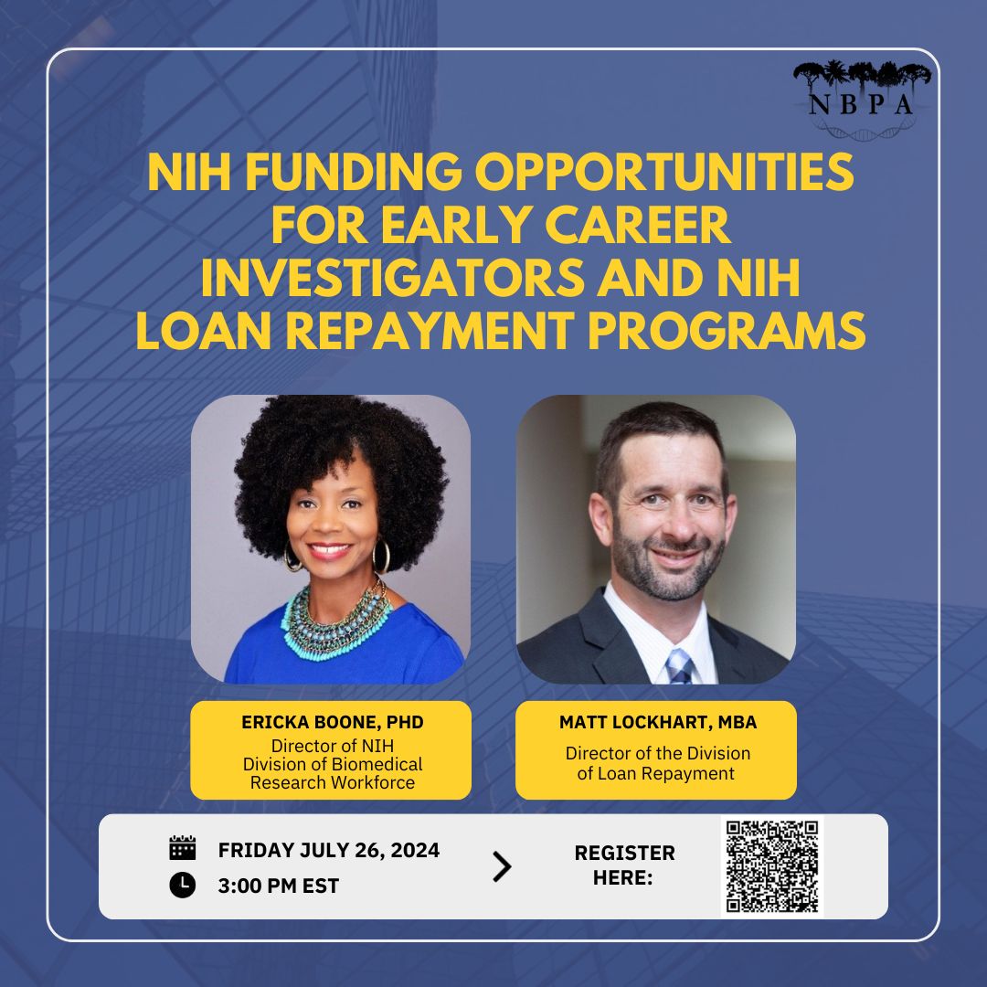 National Black Postdoctoral Association (NBPA) (@natblackpostdoc) on Twitter photo Please join us on Friday, July 26 at 3 PM ET for a seminar on NIH Funding Opportunities including the Loan Repayment Program (<a href="/NIH_LRP/">This account is no longer active.</a>), featuring Dr. Ericka Boone (<a href="/DLRDirector/">DLRDirector</a>) and Matt Lockhart (LRP Director). Register by QR code or 👇🏾(all are welcome): forms.gle/Y1PA3qkfKtoZaw… Please join us on Friday, July 26 at 3 PM ET for a seminar on NIH Funding Opportunities including the Loan Repayment Program (<a href="/NIH_LRP/">This account is no longer active.</a>), featuring Dr. Ericka Boone (<a href="/DLRDirector/">DLRDirector</a>) and Matt Lockhart (LRP Director). Register by QR code or 👇🏾(all are welcome): forms.gle/Y1PA3qkfKtoZaw…
