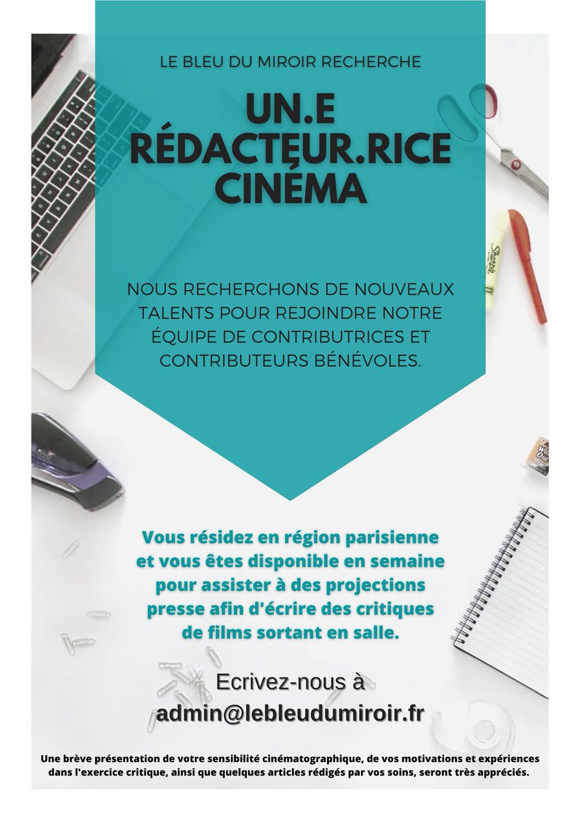 LeBleuduMiroir's tweet photo. 🟦 #LBDM cherche de nouvelles plumes 🟦
Tu es https://t.co/5kFNj6Mw8U et tu souhaites rejoindre une équipe de bénévoles passionné.e.s ?
On cherche de nouveaux talents pour rejoindre nos rangs et assister aux projections #presse parisiennes.
Si tu es intéressé.e ⤵️ https://t.co/NPlefhuErS