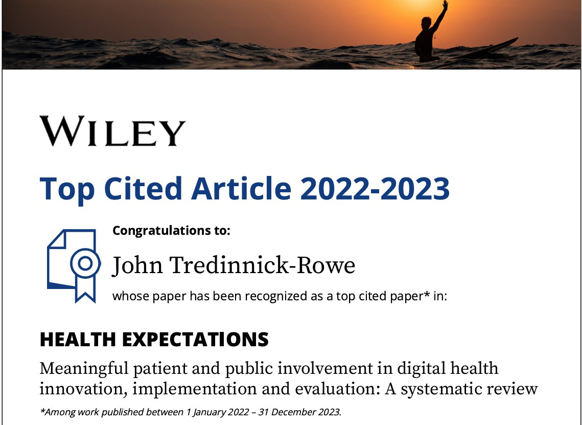I was very happy to be involved in the review Rebecca Baines produced about PPI in digital health. Top 10 most cited in the Health Expectations Journal, this feels like a good way to end the week!