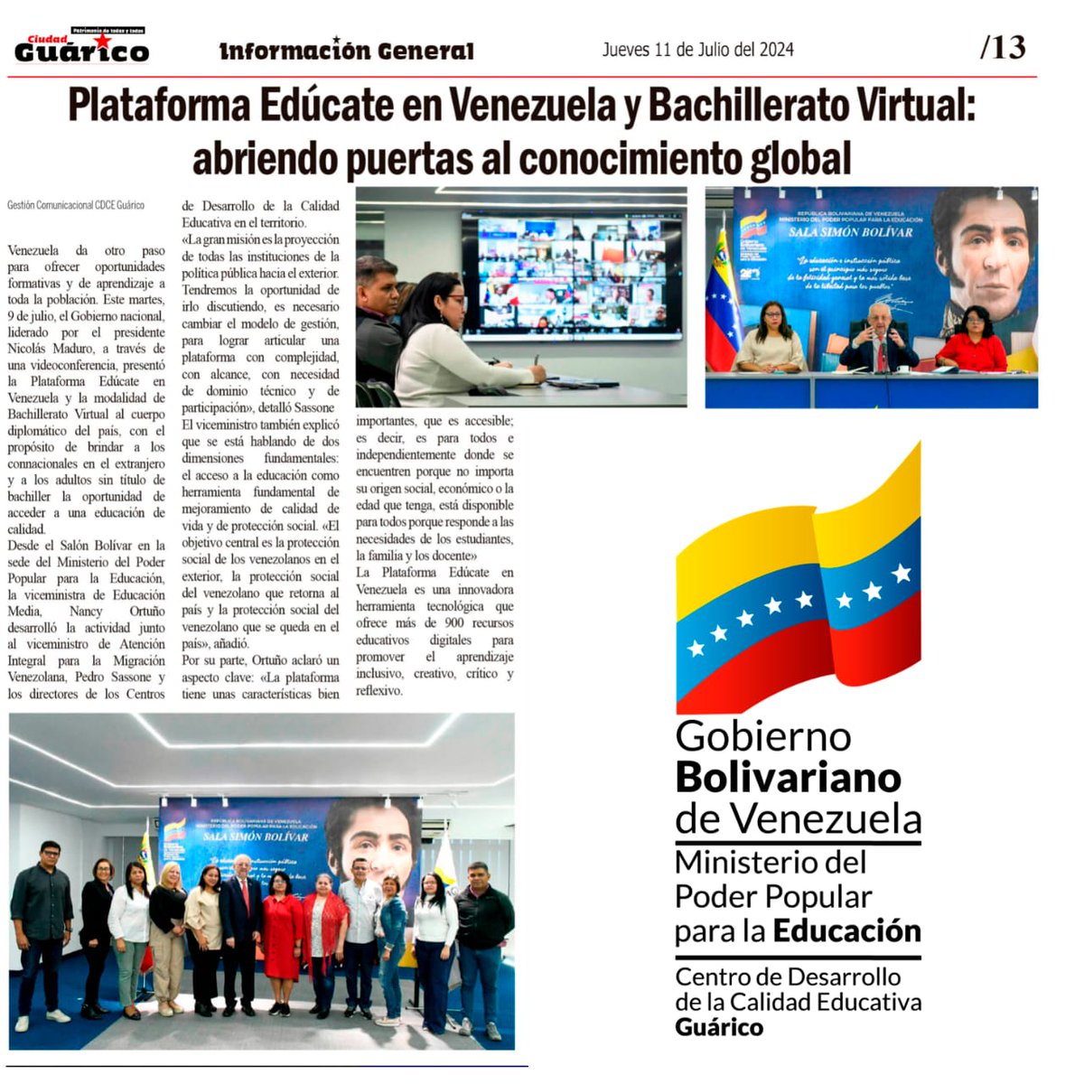 CDCEGuarico's tweet photo. #KeLacreoLaPoesía
#EducaciónEsNoticia📰🗞️
🗣️📣 Plataforma Edúcate en Venezuela y Bachillerato Virtual: abrieron puertas al conocimiento global.
@NicolasMaduro 
@_LaAvanzadora 
@MPPEDUCACION 
@CDCEGuarico 
@EliasEducacion1 
@josemvasquez 
@Gob_Guarico https://t.co/EZXUIwKfLH