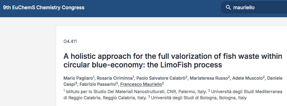 Professor ⁦<a href="/f_mauriello/">Francesco Mauriello</a> presented today at the 9th
⁩ ⁦<a href="/EuChemS_Congres/">10th EuChemS Chemistry Congress</a> in Dublin the #LimoFish process for the full valorization of fish processing waste. 

Great collaborative work between <a href="/CNRsocial_/">CNR Consiglio Nazionale delle Ricerche</a> and <a href="/UniRCMedi/">UniRC Mediterranea</a> involving also <a href="/Unibo/">Università di Bologna</a>/1