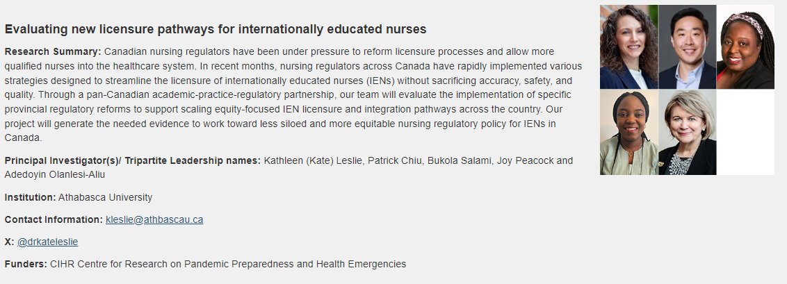 We are thrilled to be one of the 15 teams funded through a <a href="/CIHR_IRSC/">CIHR</a> health workforce grant.  We look forward to working closely with our partners to generate evidence to support equitable and ethical licensure pathways for internationally educated nurses across Canada.
