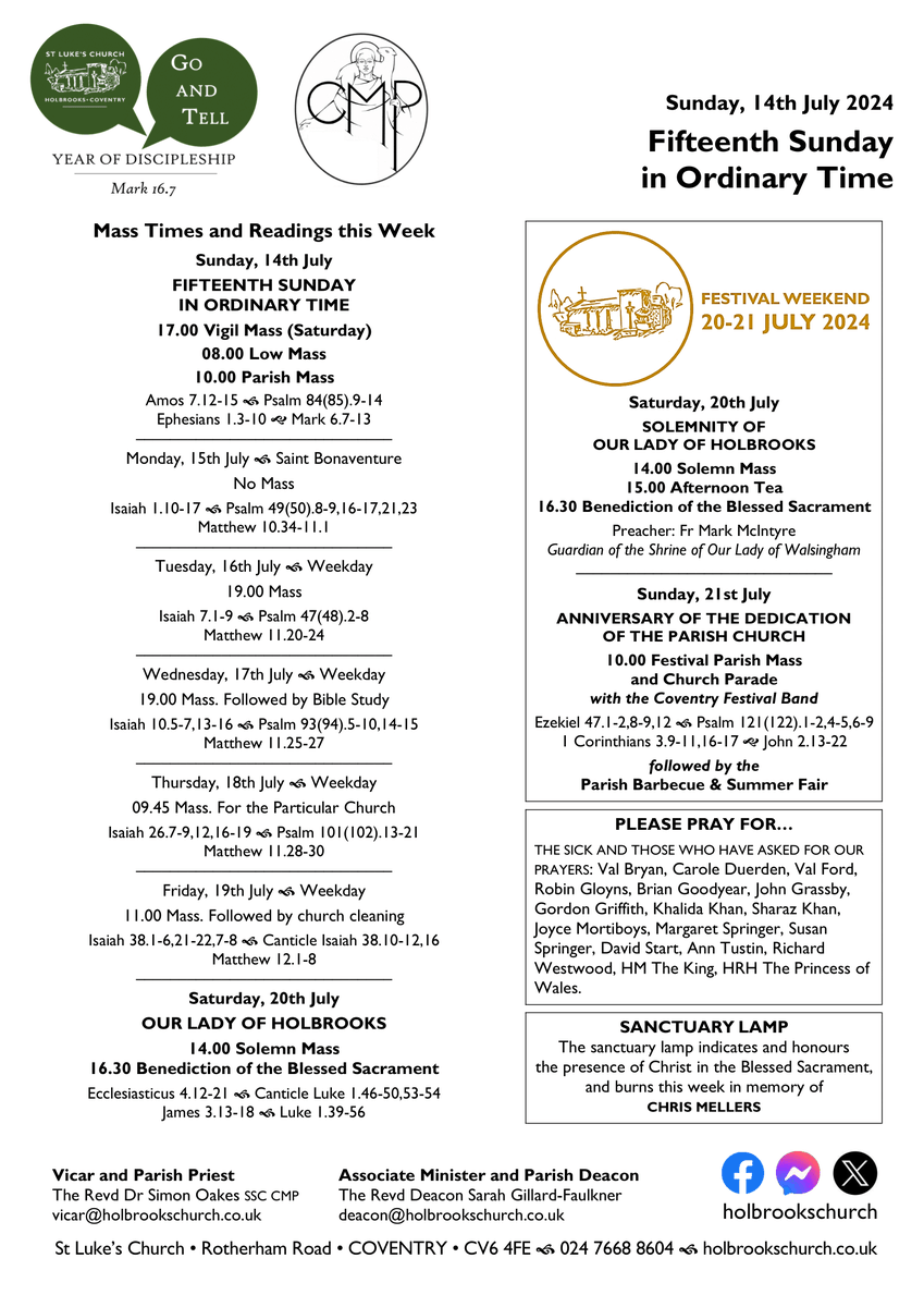 holbrookschurch's tweet photo. Sunday, 14th July and the week ahead @holbrookschurch. A booklet containing the Sunday Mass readings is available at https://t.co/ZwyjRLsf6j, and this week's newsletter can be downloaded at https://t.co/T5cGO0KuPD. All are most welcome to join us. https://t.co/KF4WzdoTLc