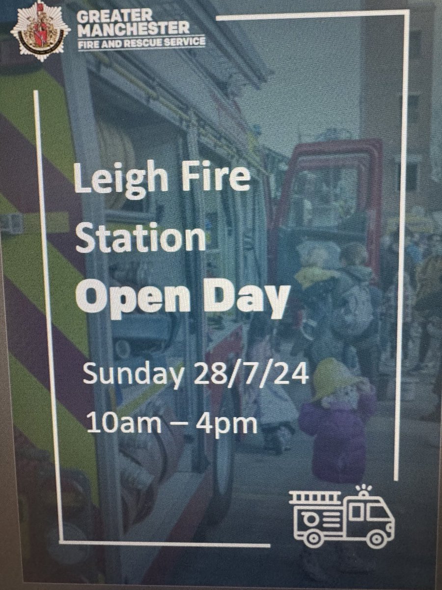 Join us for an exciting Open Day at Leigh Fire Station Sunday 28/7/24. Bring your family and friends for a fun-filled day Don't miss out on this amazing community event! ⁦<a href="/manchesterfire/">Greater Manchester Fire and Rescue Service</a>⁩ ⁦<a href="/TRU_Manchester/">TRU Manchester</a>⁩