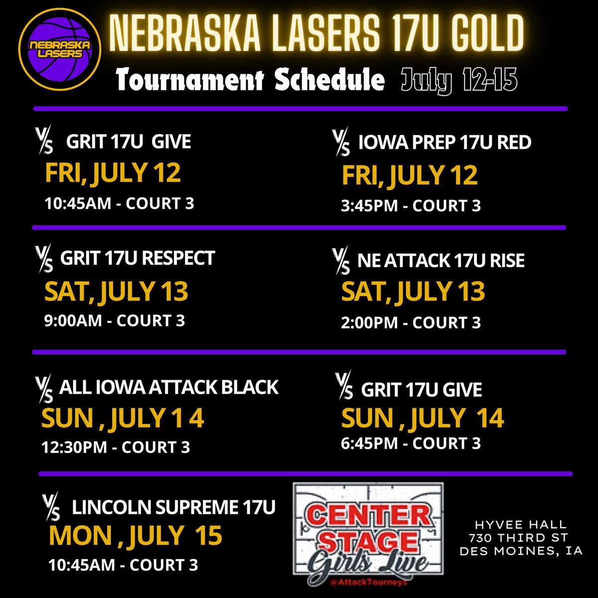 NELasersHoops's tweet photo. Nebraska Lasers 17U GOLD
Center Stage - July 12-15 https://t.co/2vdvSPg7Le