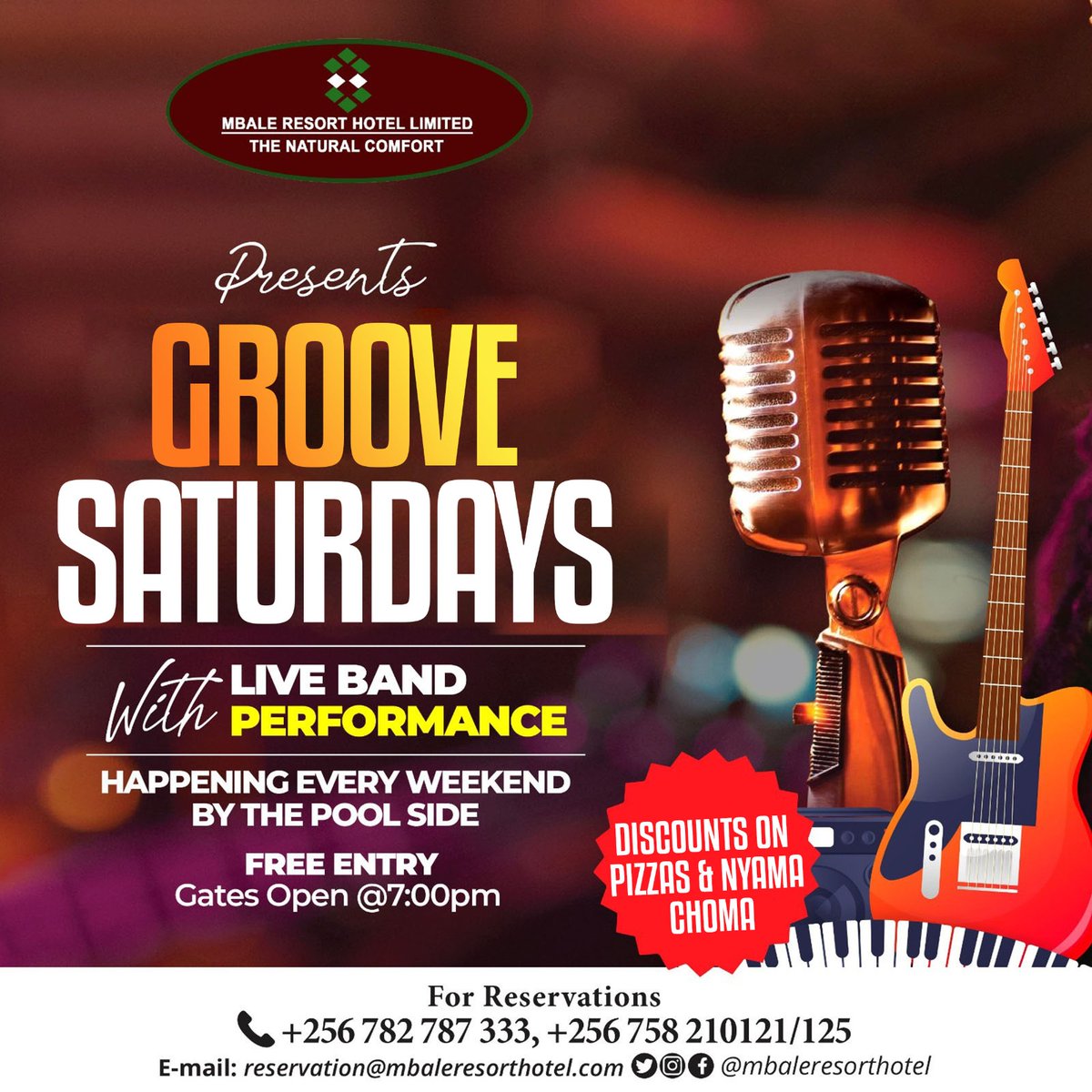 mbaleresort's tweet photo. Every weekend just got a whole lot better!

Join us every Saturday for our Groove Saturday featuring a Live Band Performance.
Savor the flavors with discounts on our delicious Pizzas &amp; Nyama Choma.

Relax and unwind with us this weekend!
#MbaleResortHotel #GrooveSaturday https://t.co/QR8re6Mfhs