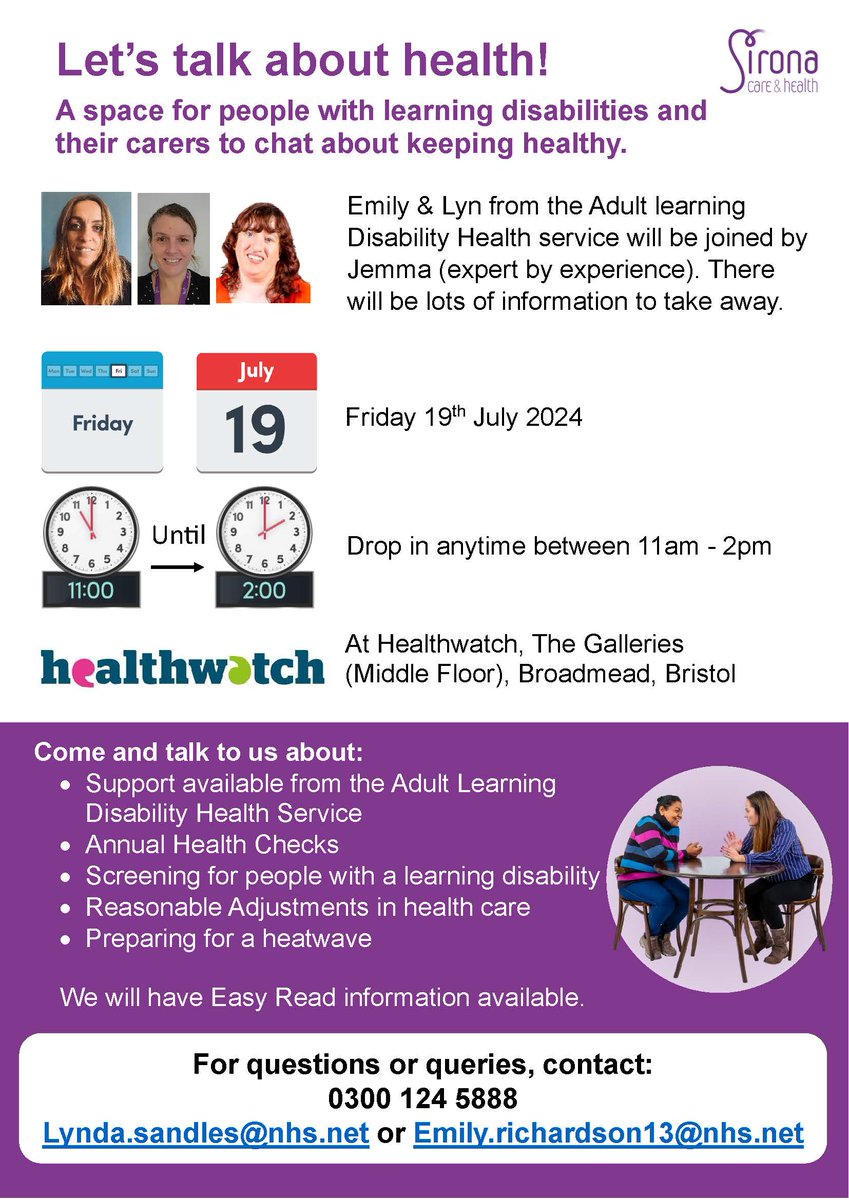 Join <a href="/SironaCIC/">Sirona care & health</a>  on Friday 19th July, 11am-2pm at <a href="/HWBristol/">Healthwatch Bristol</a> , the Galleries (middle floor), Bristol. Members of the Adult Learning Disability Health Service will be there to discuss support options, annual health checks, screenings, and reasonable adjustments in healthcare.