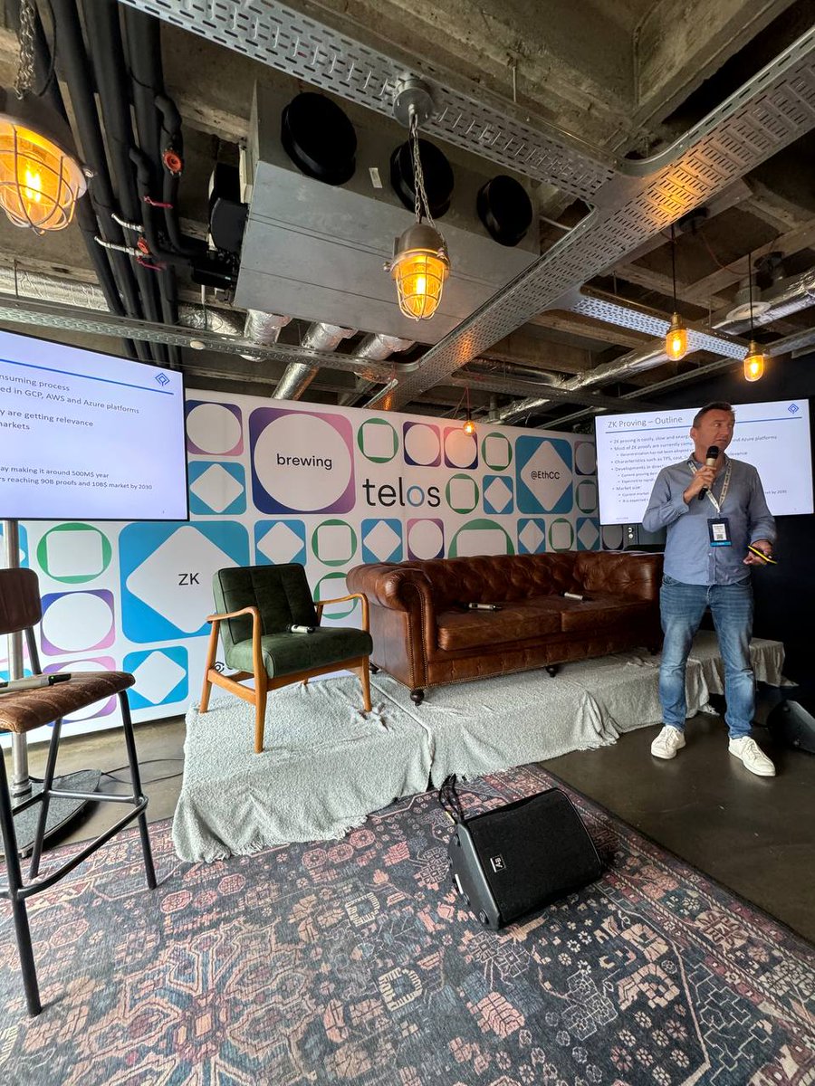 HelloTelos's tweet photo. First presentation of the evening is @lukovics from @PonosTechnology, who's discussing hardware-software co-design for ZKP infrastructures. 🤝 https://t.co/cTQPagXPMM
