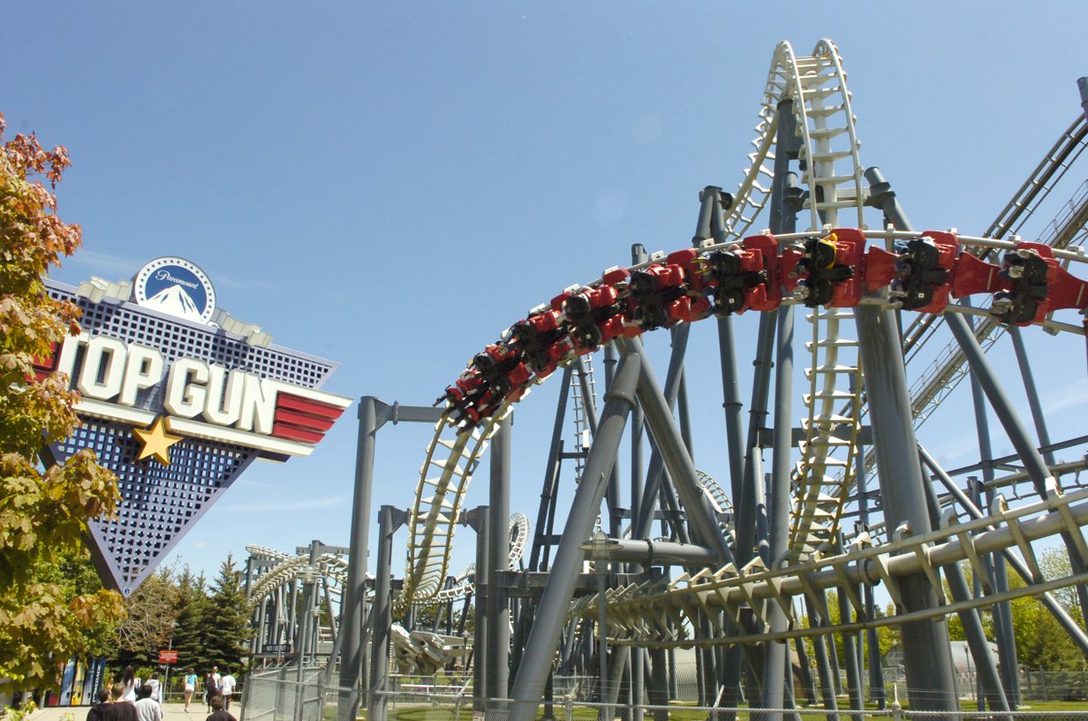 Coaster101's tweet photo. What if I told you (and incoming @ParamountPics CEO Jeff Shell) that Paramount used to have an entire branded theme park division that had Top Gun themed roller coasters at four amusement parks in the United States and Canada? https://t.co/tLd1ibEHTx