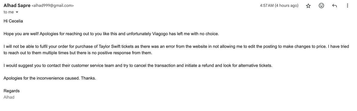 Cecelia's tweet image. This is wild. Viagogo is allowing sellers to rescind their tickets from buyers so they can resell the tickets a higher cost. I spoke to @viagogo and they permitted the seller to pull the ticket without offering a comparable option.
@viagogo_corp @StubHub @TeamStubHub