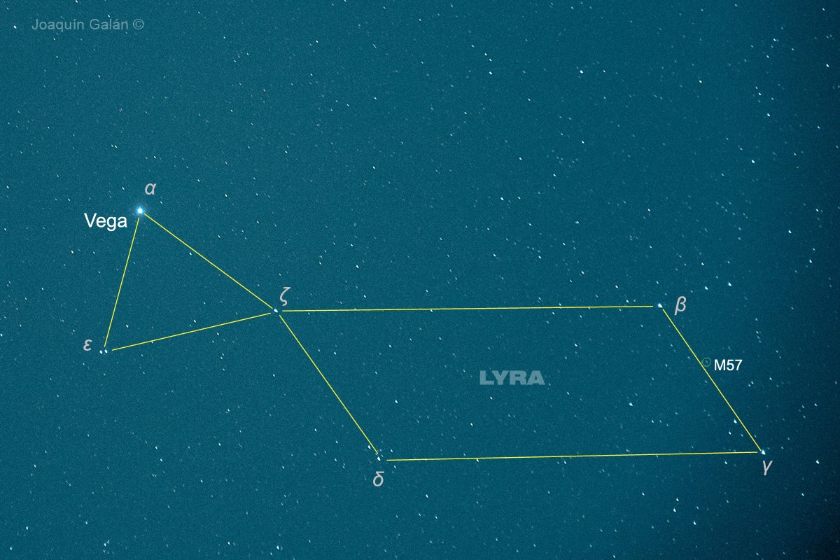 The #Lyra constellation from #AlcaláDeGuadaía (in Greek: Λύρα) with its main star #Vega of Type A0V  only 25 light years away, is one of the vertices of the so-called "#SummerTriangle" (the other two stars are Deneb).  It is home to the Ring Nebula M57.
#Astronomy