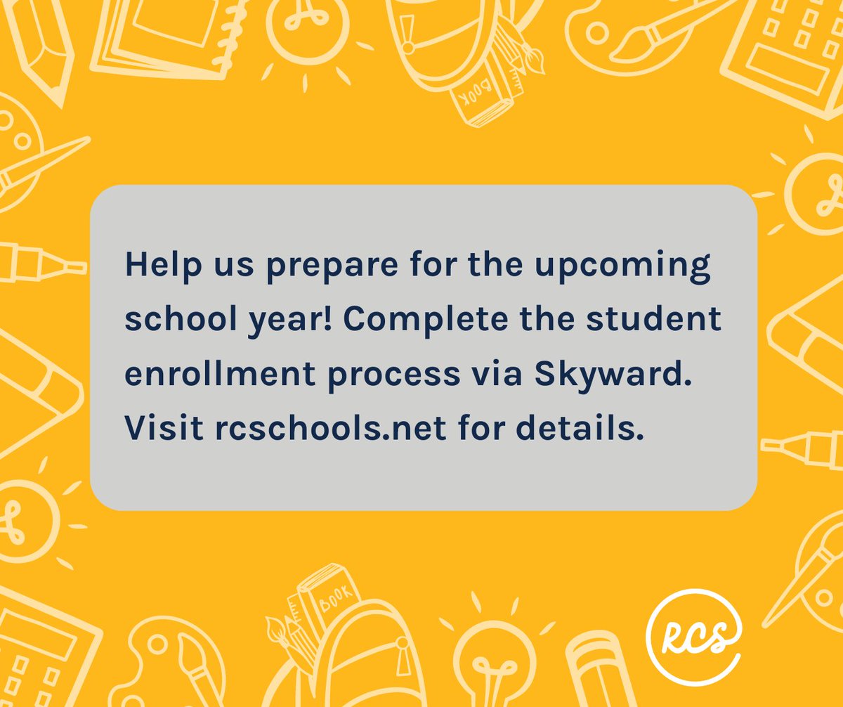 BACK TO SCHOOL REMINDERS: 1- RCS Welcome Centers for enrollment help close 7/19. | 2- Complete student updates/enrollment in Skyward by 8/6. | 3- School offices reopen soon. Visit rcschools.net for details.