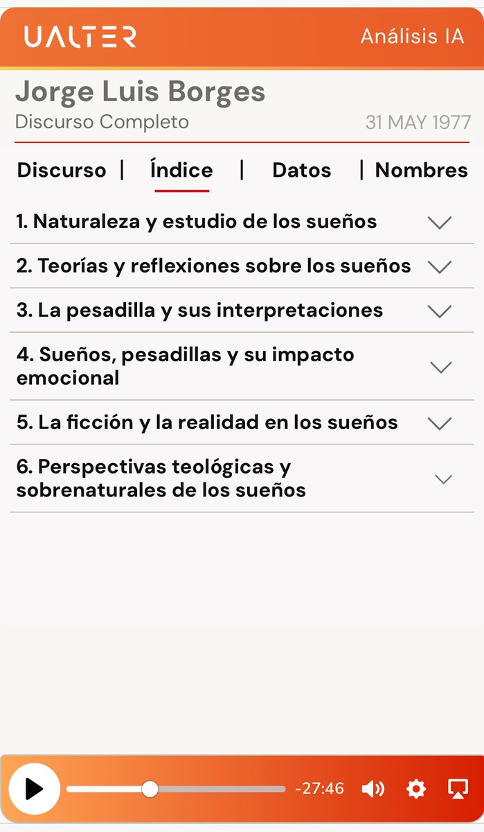 ualterAI's tweet photo. Sobre los discursos
Se asocia la palabra discurso principalmente con las exposiciones de políticos, pero para nuestros fines, un discurso es cualquier exposición oral que se haga en público y esté dirigida a una audiencia. En este ejemplo, un fragmento de una conferencia de 1977 de Jorge Luis Borges acompañado por una captura del índice automático: La Pesadilla (activar audio).