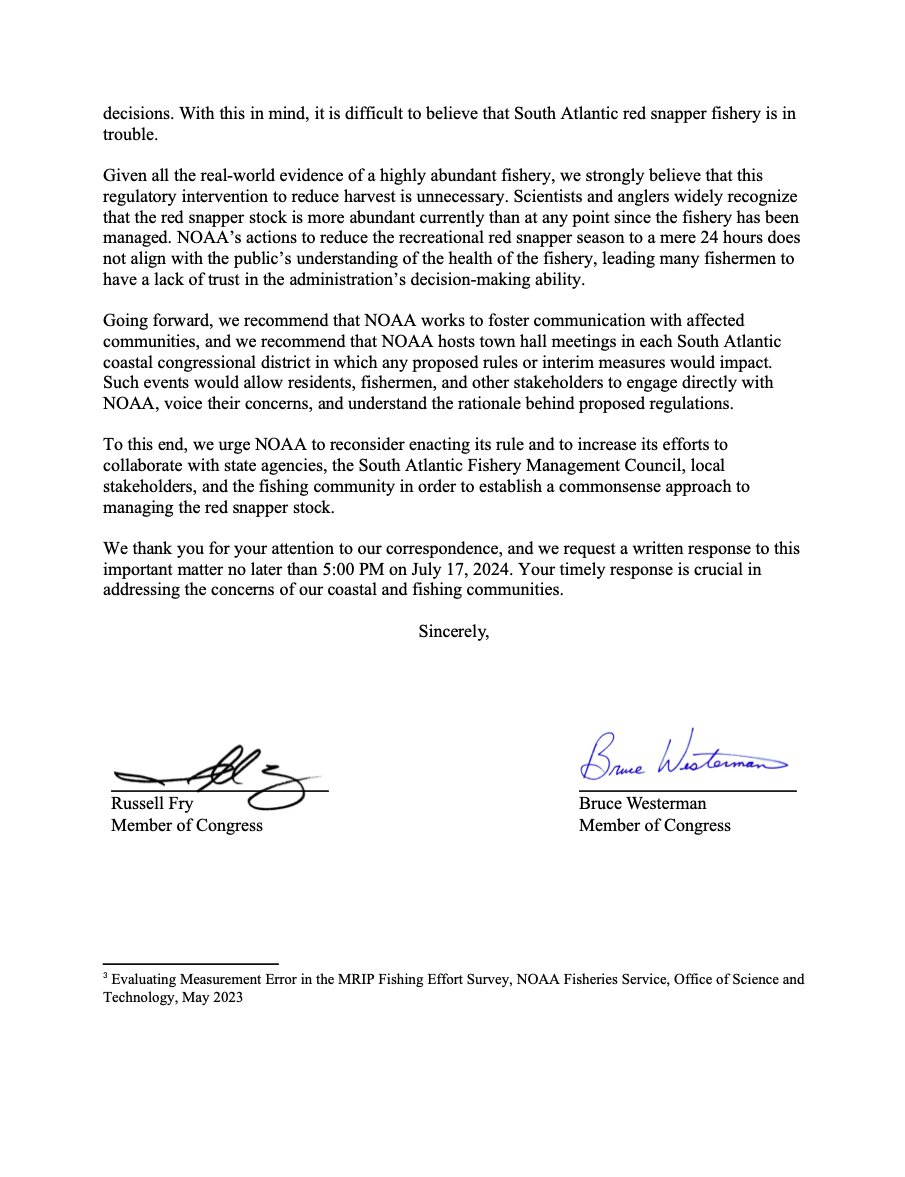 RepRussellFry's tweet photo. NOAA is yet again targeting the fishing industry.

Their decision to limit recreational red snapper fishing to a single day is unjustified.

Today, eighteen of my colleagues and I wrote to NOAA to urge them to loosen these restrictive regulations. https://t.co/smJRaSl40M