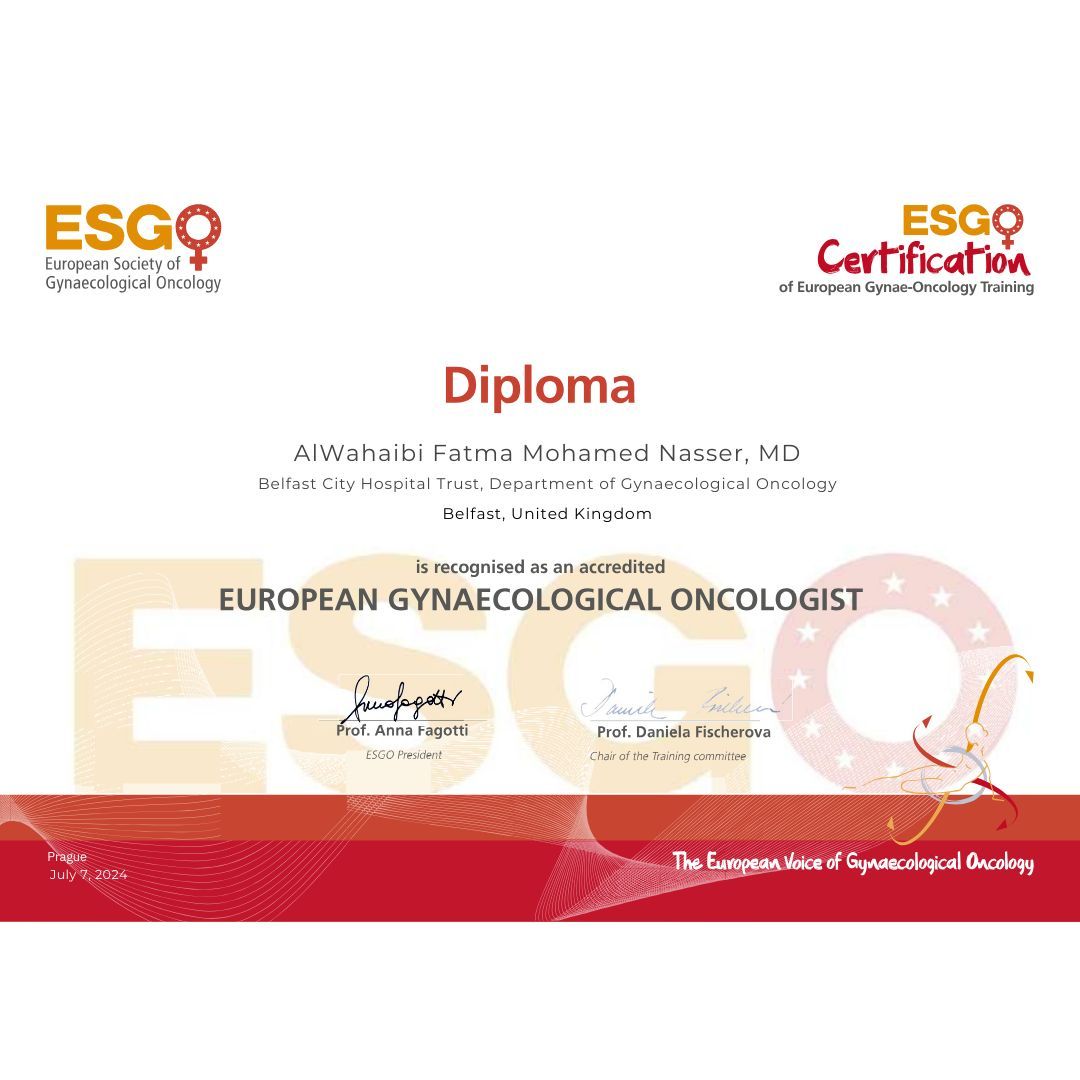 ENYGO_official's tweet photo. Congratulations to Dr. AlWahaibi Fatma Mohamed Nasser, for achieving her ESGO certification and officially becoming a certified European gynecologic oncologist! π πͺ
#fellow #gynaecologicaloncology #medicalfellow #medicaltraining #ESGOfellows https://t.co/M18xzabMuR