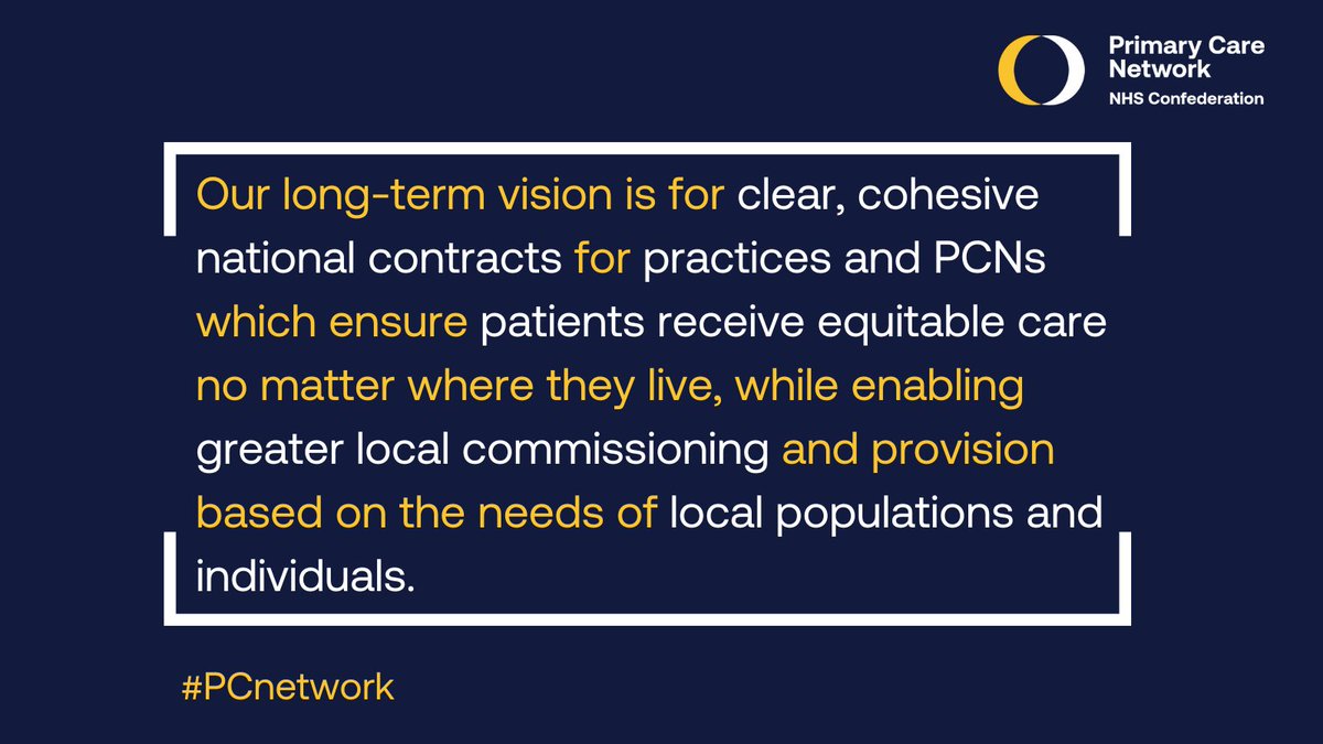 Our #PCnetwork's vision is for clear, cohesive national contracts for practices and PCNs which ensure patients receive equitable care no matter where they live, while enabling greater local commissioning and provision based on the needs of local populations and individuals.

1/4