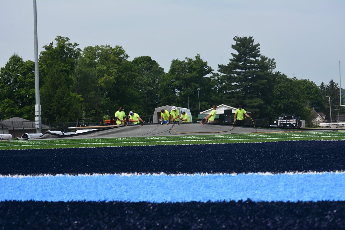 ThielAthletics's tweet photo. The new Alumni Stadium turf is coming along nicely! 💙💛#TomcatPride https://t.co/3rGsDGd6z1