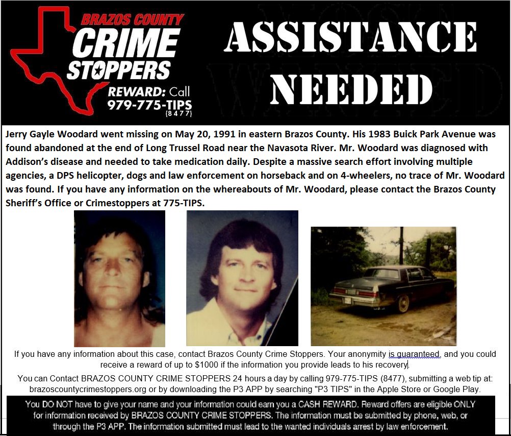 The first case we covered during our anniversary was Jerry Woodard who went missing on May 20, 1991 in eastern Brazos County.  This case is still open and we hope someone can help us bring closure to the family of Mr. Woodard.