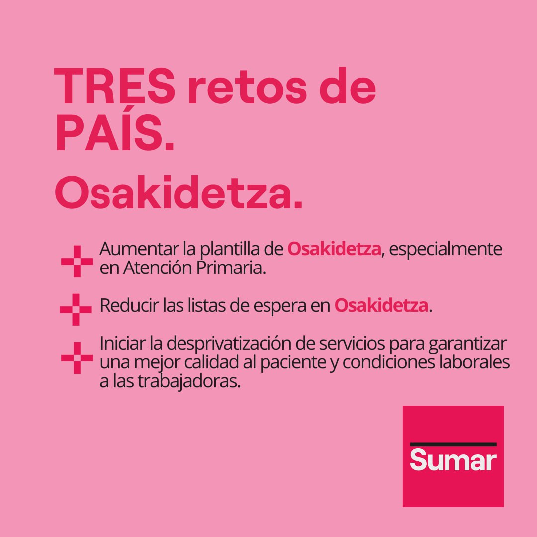 Osakidetza tiene que volver a ser un motivo de orgullo para la ciudadanía vasca. Por eso le hemos propuesto:

➡️ Horizonte 0 de privatizaciones.
➡️Aumentar la plantilla sanitaria.
➡️ Acabar con las listas de espera.