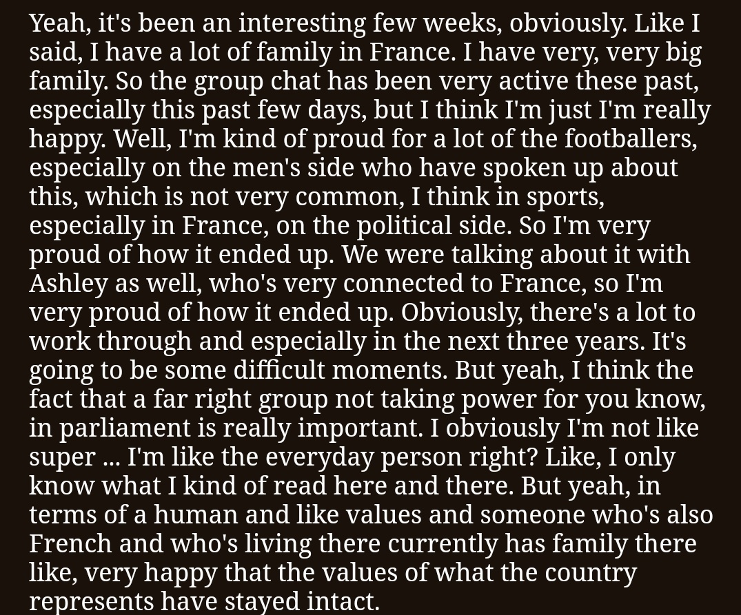 _shireenahmed_'s tweet photo. I asked CanWNT/XNT player Vanessa Gilles, who plays in France for Olympique Lyonnais, about the recent French elections. 
Her words are worth sharing. 🇫🇷⚽️ https://t.co/JRhMxyIDSQ