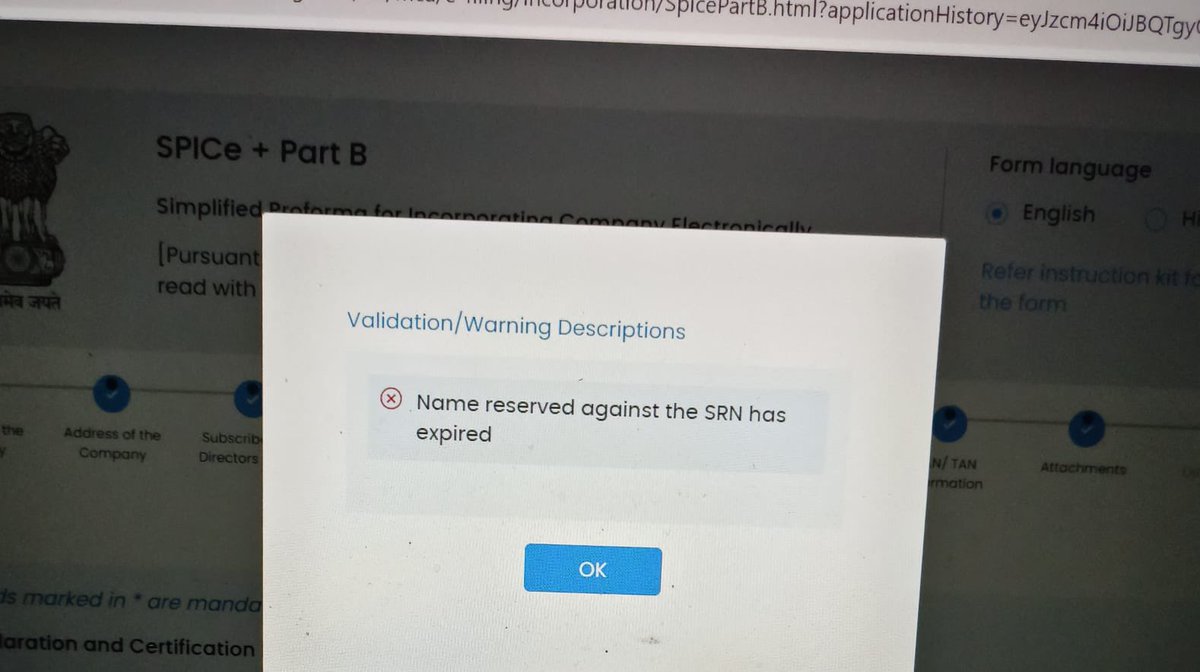 nin_sawant's tweet photo. @MCA21India The error is faced while uploading the form Spice+ B which come for resubmission today morning. How can MCA send form for resubmission and then on same day the SRN get expired. This issue is faced by many stakeholders. https://t.co/QPZqn7D4pr
