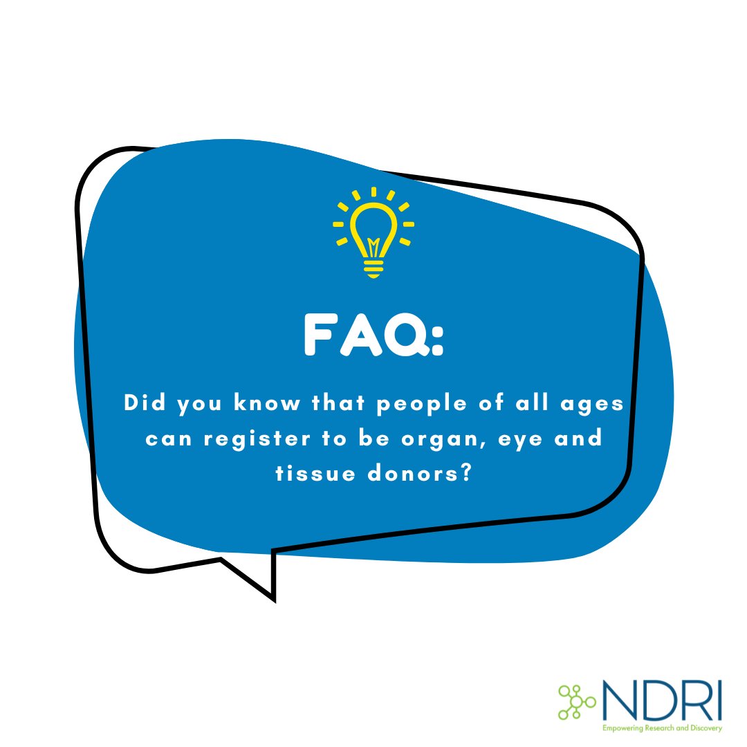NDRI_Resource's tweet image. There is no age limit for registering to become an organ, eye, and tissue donor. Visit our donor page to learn more! #FAQ #TissuesforResearch #NDRI

hubs.la/Q02Gc2Rg0