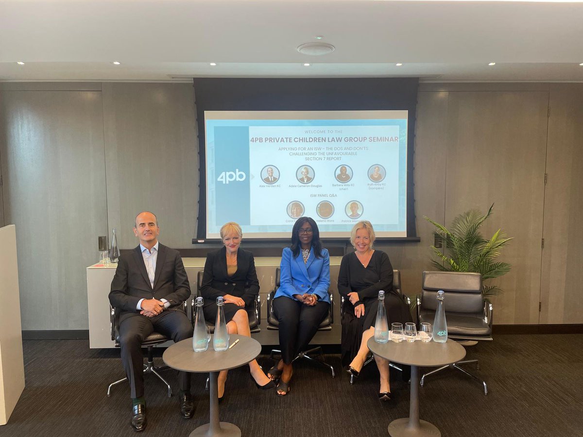 4PB (@4pbfamilylaw) on Twitter photo Thank you to all who joined us for the 4PB Private Children Law Seminar. Chaired by Barbara Mills KC (<a href="/bmillsbarrister/">Barbara Mills KC</a>) and delivered by a stellar-line up.
Part 1 Alex Verdan KC & Adele Cameron Douglas provided the do's and don'ts of applying for an ISW and challenging reports. Thank you to all who joined us for the 4PB Private Children Law Seminar. Chaired by Barbara Mills KC (<a href="/bmillsbarrister/">Barbara Mills KC</a>) and delivered by a stellar-line up.
Part 1 Alex Verdan KC & Adele Cameron Douglas provided the do's and don'ts of applying for an ISW and challenging reports.