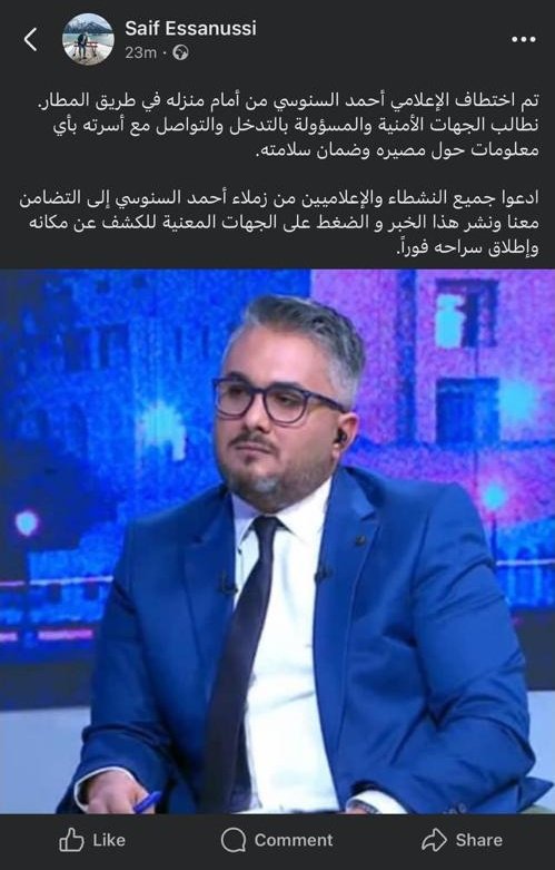 .<a href="/ASanussi/">ahmed sanussi</a> - renowned Libyan media personality whose TV show covers Libya's economy &amp; political corruption - was kidnapped in front of his house in Tripoli.
